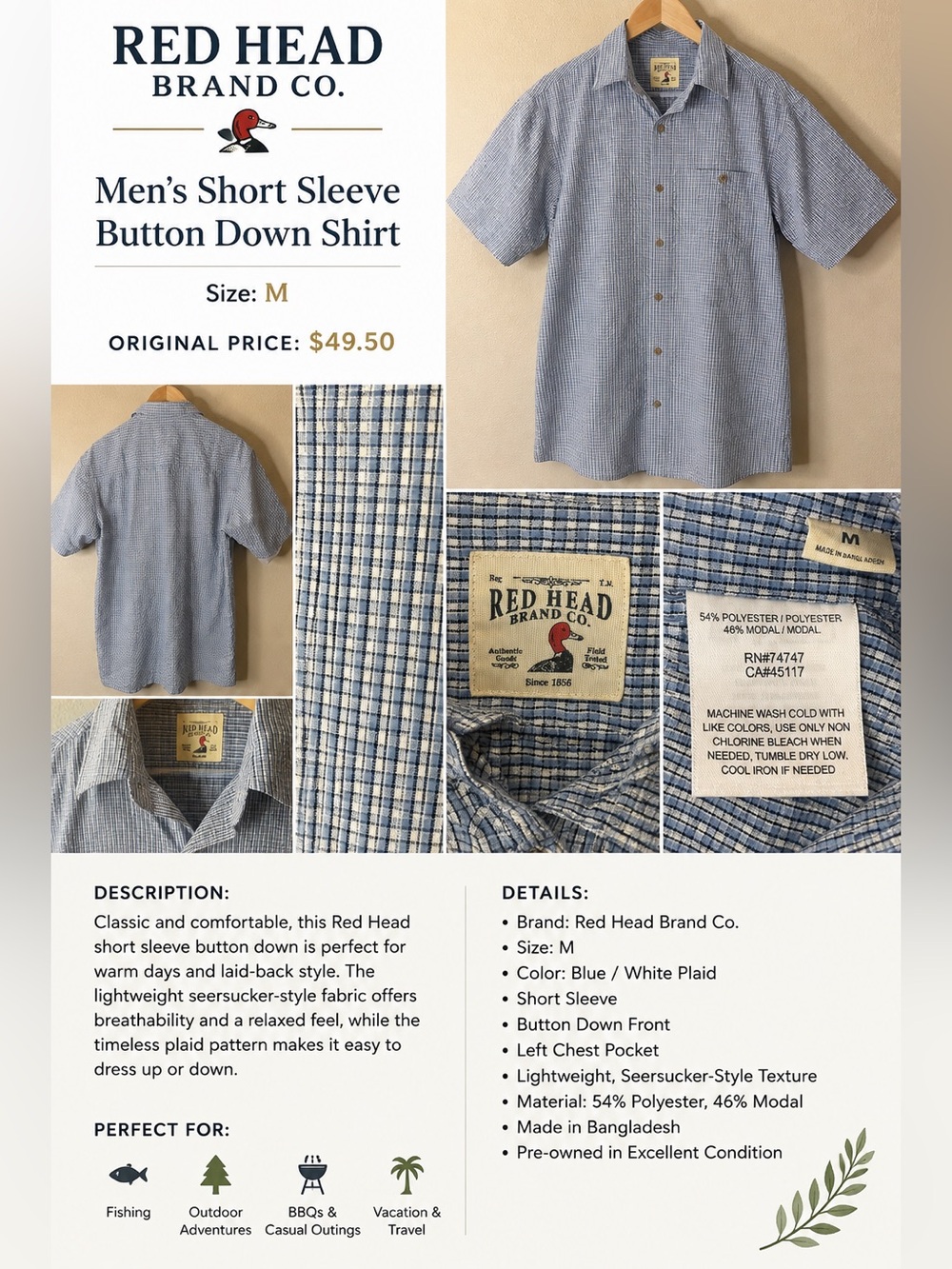 RedHead Brand Co Men’s M Blue Plaid Seersucker Textured Short Sleeve Shirt